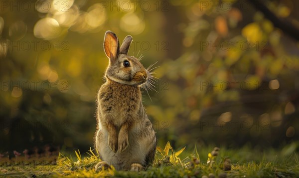 A bunny sitting upright in the forest, bokeh lights AI generated