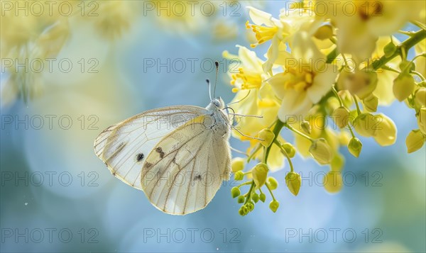 A close-up of a butterfly resting on a laburnum blossom AI generated