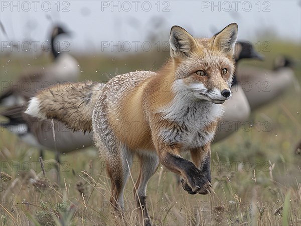 Fox in motion in a meadow with geese in the background, AI generated, AI generated, AI generated