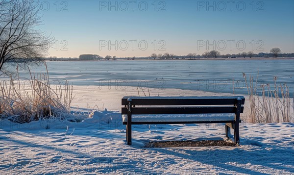 A snow-covered bench overlooking the frozen expanse of a lake AI generated