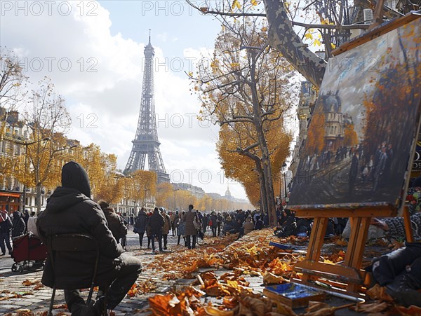 Ein Kuenstler malt den Eiffelturm an einem herbstlichen Tag mit vielen Zuschauern, Lifestyle in Paris, Frankreich, AI generiert, AI generated