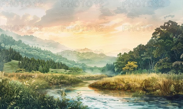 A watercolor illustration of valley with calm river flowing through verdant fields AI generated