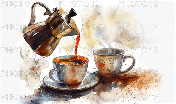 Watercolor illustration of a vintage coffee pot pouring coffee into a cup AI generated