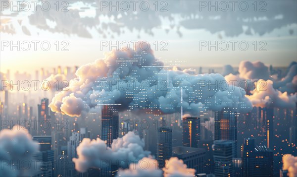 Cloud computing servers against a backdrop of a digital cityscape AI generated