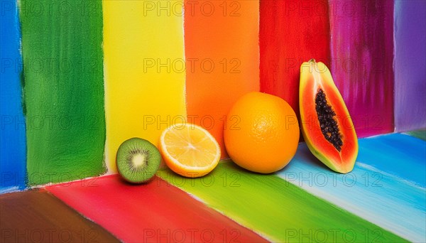 Fruits against a multi-colored backdrop with bold stripes of rainbow hues, horizontal, AI generated