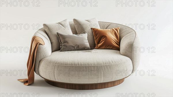 Round chair with textured fabric and throw pillows against a neutral background, ai generated, AI generated