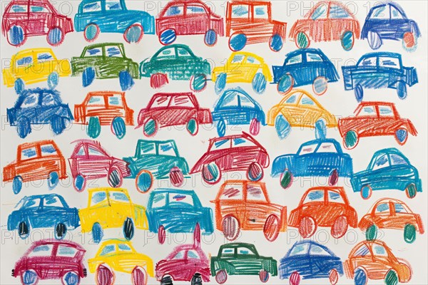 Cars standing in a traffic jam, drawing with coloured pencils by a child of preschool age, primary school age, AI generated, AI generated, AI generated