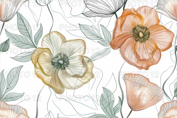 Vibrant floral illustration with transparent petals of anemones and poppies, illustration, AI generated