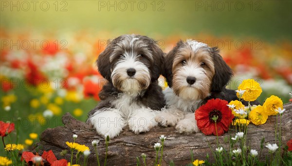 KI generated, animal, animals, mammal, mammals, bobtail, (Canis lupus familiaris), dog, dogs, bitch, dog breed from England, two puppies, flower meadow