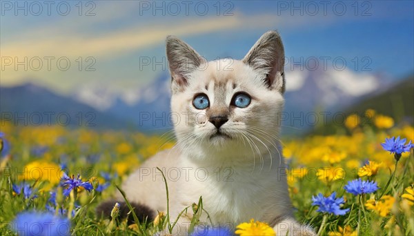 KI generated, animal, animals, mammal, mammals, cat, felidae (Felis catus), a kitten resting in a meadow on a tree trunk