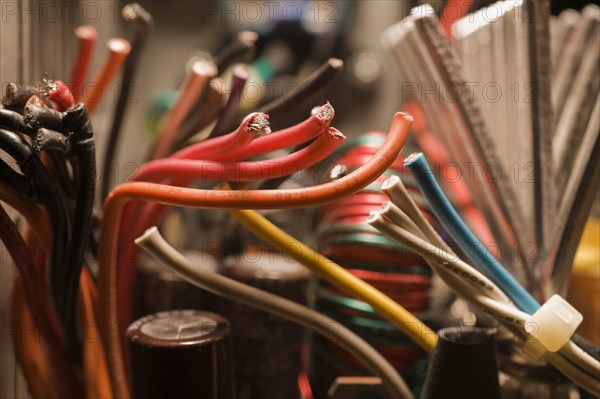 Close-up of cut black, red, yellow, blue and white flexible insulated electrical copper wires, Studio Composition, Quebec, Canada, North America