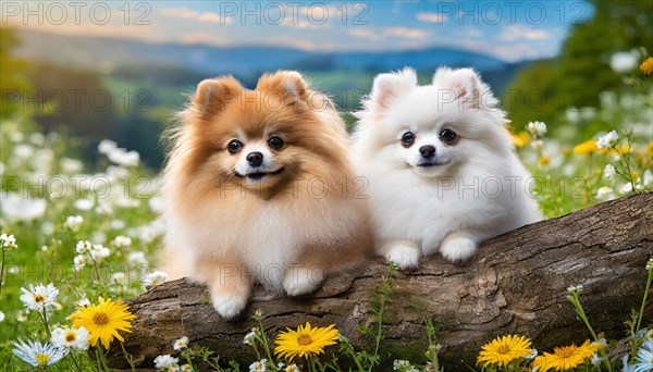 KI generated, animal, animals, mammal, mammals, a, single animal, dwarf spitz, Spitz, (Canis lupus familiaris), dog, dogs, bitch, Pomeranians, bitch and puppy lying in a flower meadow, tree trunk