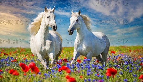 KI generated, A horse, horses, Arabian, in front of a blue sky, thoroughbred Arabian, AV, Arabian thoroughbred, (Eqqus ferus caballus), running in a meadow with colourful flowers