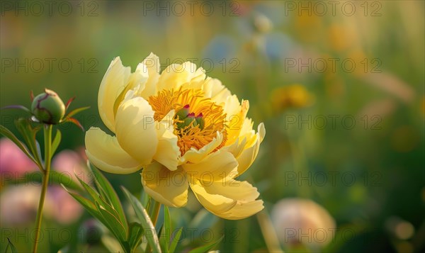 Close-up of a yellow peony blooming in the garden AI generated