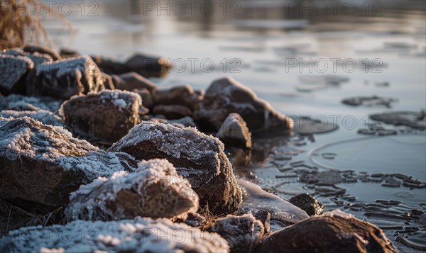 Close-up of frost-covered rocks along the edge of a frozen lake AI generated