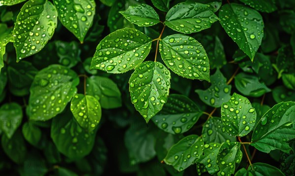 Close-up of raindrops clinging to vibrant green leaves in a lush garden AI generated