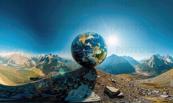 An Earth globe set against a mountain backdrop with a clear blue sky AI generated