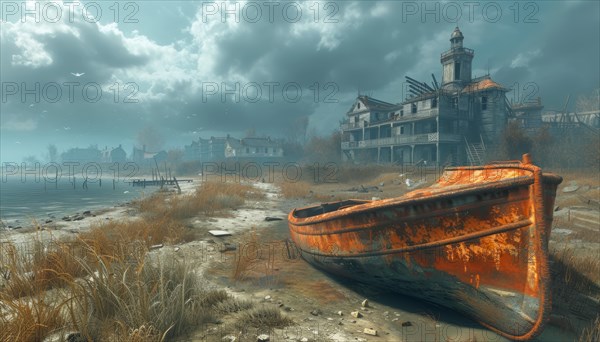 An old abandoned boat on a foggy beach with a dilapidated lighthouse in the background, AI Generated, AI generated