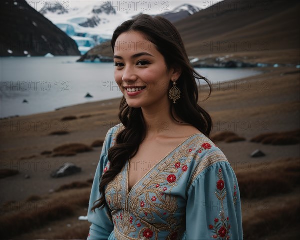 Portrait of a young woman smiling at camera in front of icebergs. ai generative, AI generated