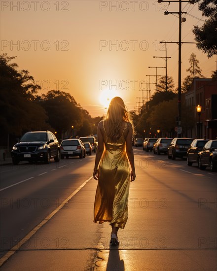 Beautiful young woman in a long yellow dress walking on the street at sunset. ai generative, AI generated