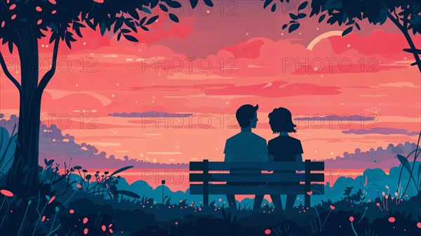 A couple sits closely together on a park bench, surrounded by twilight, romantic, AI generated, AI generated