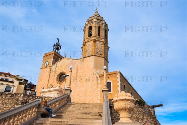 View of the church of St Bartholomew and St Thekla in Sitges, Spain, Europe