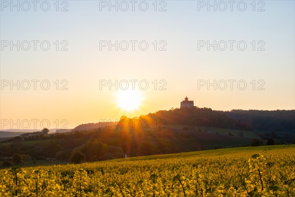 Landscape at sunrise. Beautiful morning landscape with fresh yellow rape fields in spring. Small castle in the yellow fields on a hill. Historic Ronneburg Castle in the middle of nature, Ronneburg, Hesse, Germany, Europe