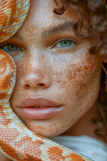 Close-up of a woman with freckled skin and blue eyes next to a snake, blurry teal turquoise solid background, beauty studio lighs, fashion artsy make up, high concept potraiture, AI generated