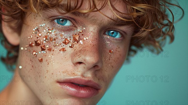 Blue-eyed male with freckles and sparkling crystals on his face, blurry teal turquoise solid background, beauty product studio light, fashion artsy make up, high concept potraiture, AI generated