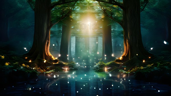 AI generated ethereal mystical forest scene with digital glow effects