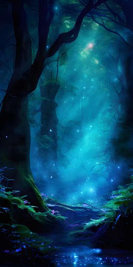 AI generated ethereal mystical forest scene with digital glow effects