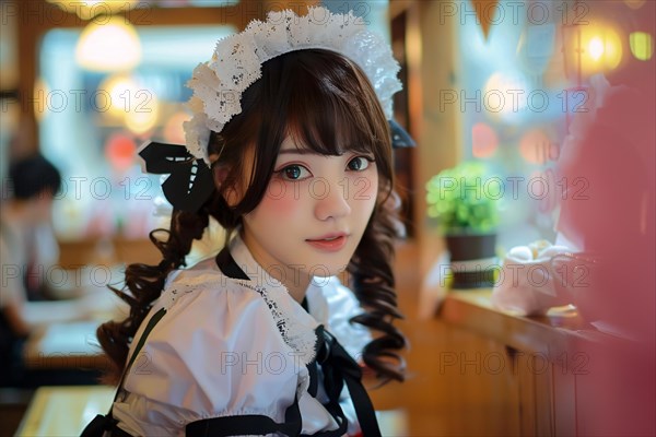Beautiful young Asian woman waitress dressed in maid costumes in Japanese Maid Cafe. KI generiert, generiert, AI generated