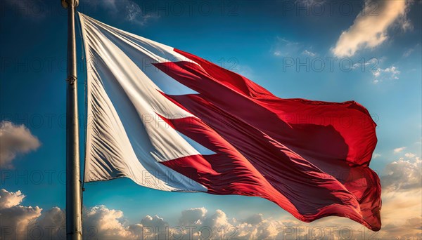 The flag of Bahrain flutters in the wind, isolated against a blue sky