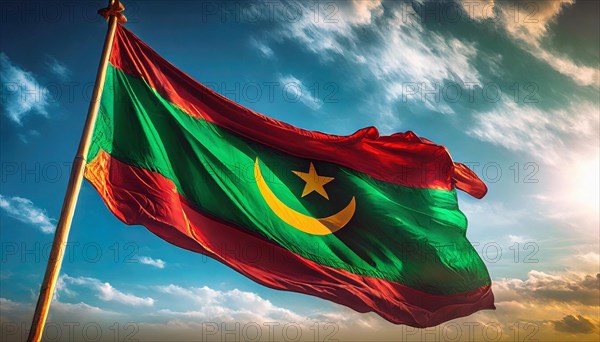 The flag of Mauritania, Mauritania, flutters in the wind, isolated against a blue sky, Africa