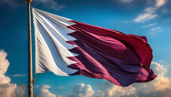 The flag of Qatar flutters in the wind, isolated against a blue sky