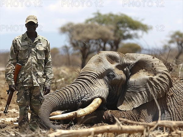 Elephant hunting in Africa, AI generated