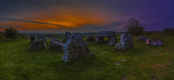 Luebbensteine, two megalithic tombs from the Neolithic period around 3500 BC on the Annenberg near Helmstedt, here the southern tomb A (Sprockhoff no. 316) at sunset, Helmstedt, Lower Saxony, Germany, Europe