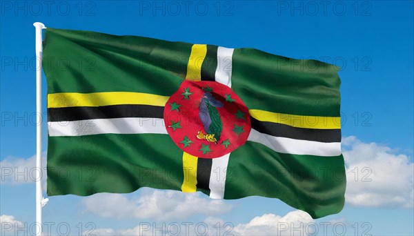 The flag of Dominica, Lesser Antilles, Caribbean, fluttering in the wind, isolated, against the blue sky