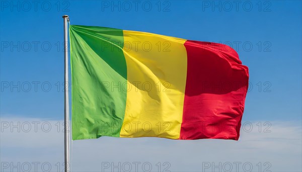 The flag of Mali, fluttering in the wind, isolated, against the blue sky