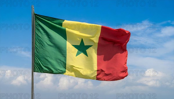 The flag of Senegal, fluttering in the wind, isolated, against the blue sky
