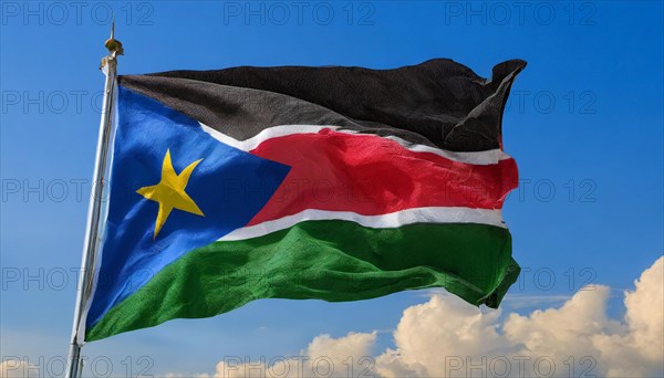 The flag of South Sudan, fluttering in the wind, isolated, against the blue sky