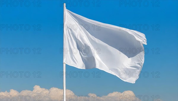 Parliamentary flag, also parliamentary flag or white flag fluttering in the wind, protective sign of the international law of war, surrender, renunciation of resistance