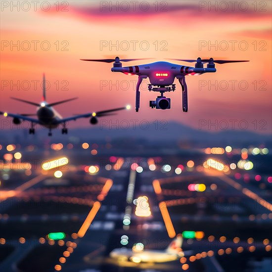 A drone flying over a runway with an aeroplane in the background at dusk, drone, attack, AI generated