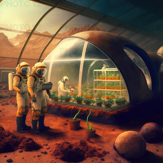 Hydroponic greenhouses installed on mars. Future vision of human colonization on other planets. Generative AI image, AI generated