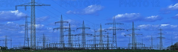 Power pylons with high-voltage lines at the Avacon substation Helmstedt, panoramic photo, Helmstedt, Lower Saxony, Germany, Europe