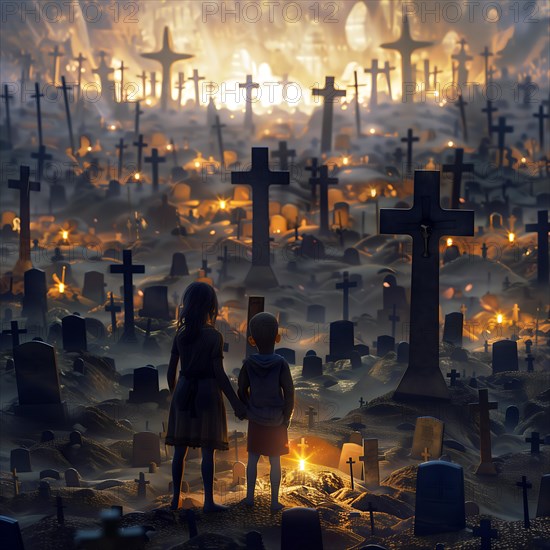 Two children look at a cemetery during a peaceful sunrise, war, war graves, military cemetery, AI generated