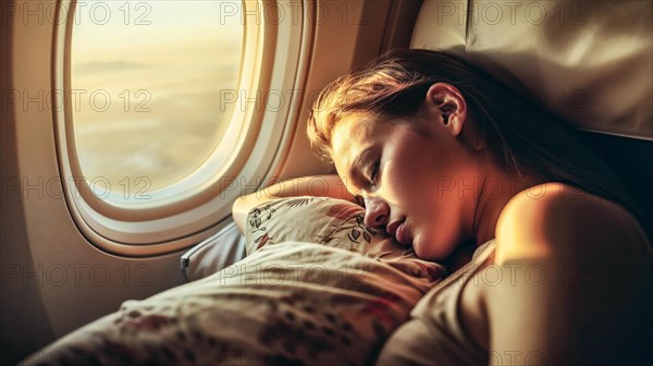 A woman rests asleep at the aircraft window while the cabin is bathed in twilight, AI generated, AI generated
