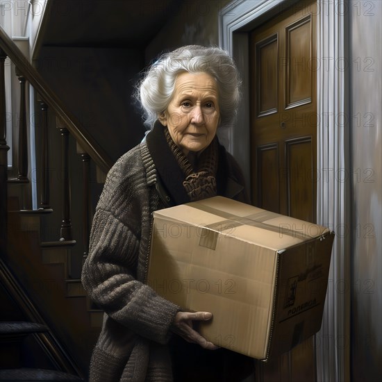 An elderly woman in a knitted coat and scarf stands anxiously in a hallway with a cardboard box, apartment relocation, apartment relocation, housing shortage, AI generated