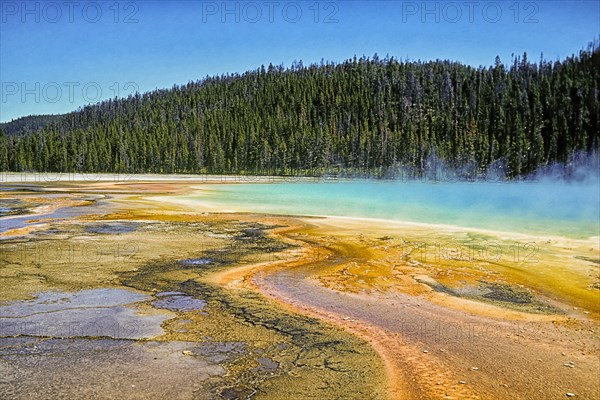 Hot spring and lake, Yellowstone National Park, Wyoming, USA, North America