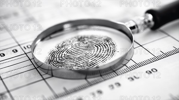Magnifying glass resting on a fingerprint on paper. generative AI, AI generated